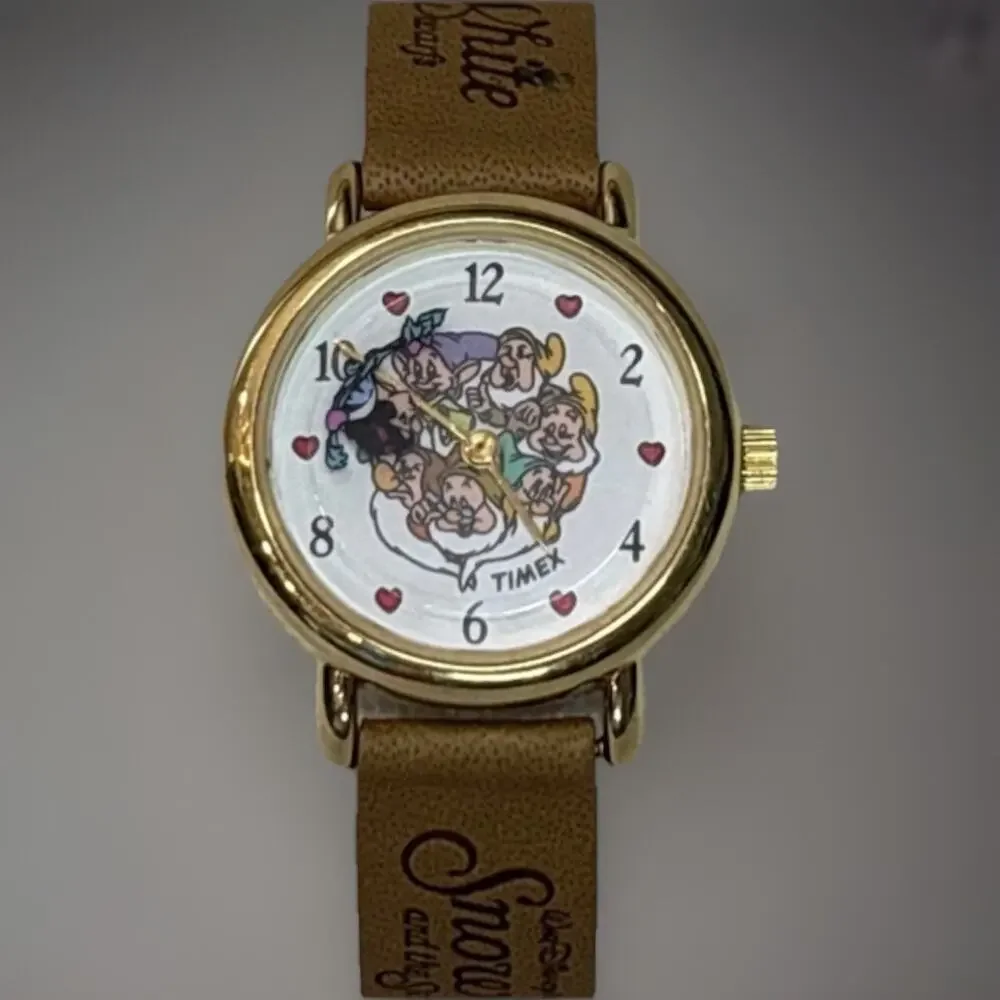 Vtg Disney Timex Snow White & The Seven Dwarfs Watch Leather Band New Battery!
